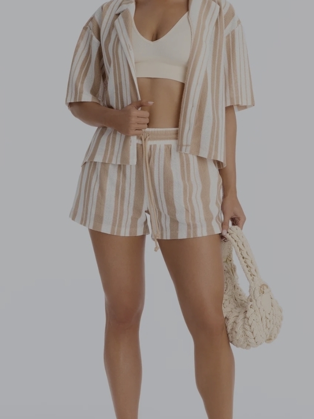 Fashion Nova Crotche Beige and White Striped Short Set